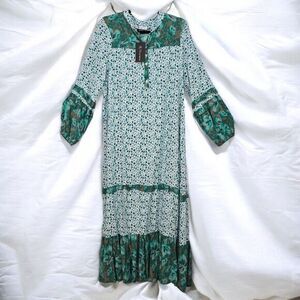 R Vivimos Green Floral Boho Peasant Dress Maxi Long Sleeve Modest Ruffles 12/14‎
